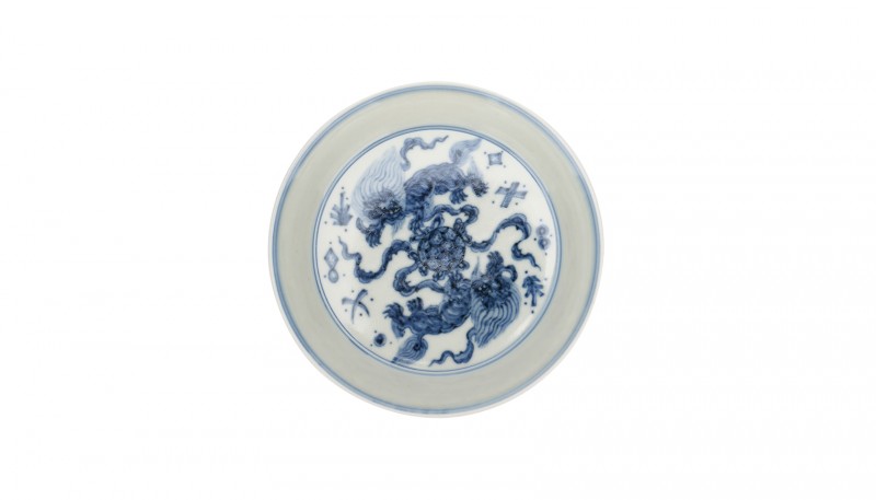 無名青花缠双狮绣球纹壶承